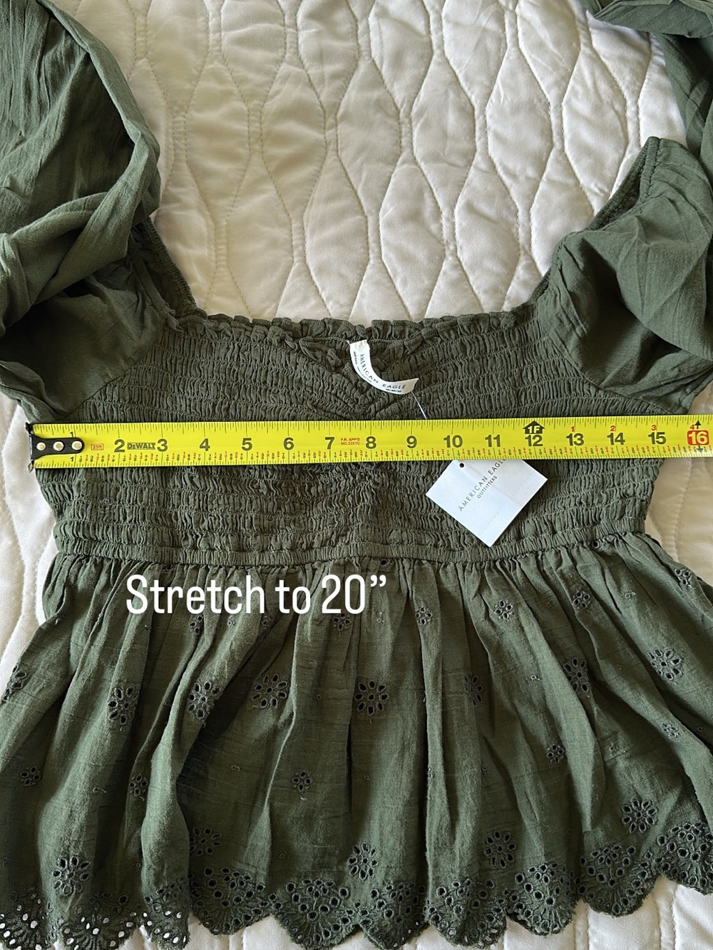 NWT American Eagle Olive Green Long Sleeve Eyelet Peplum Blouse Smocked Boho M - Picture 5 of 7